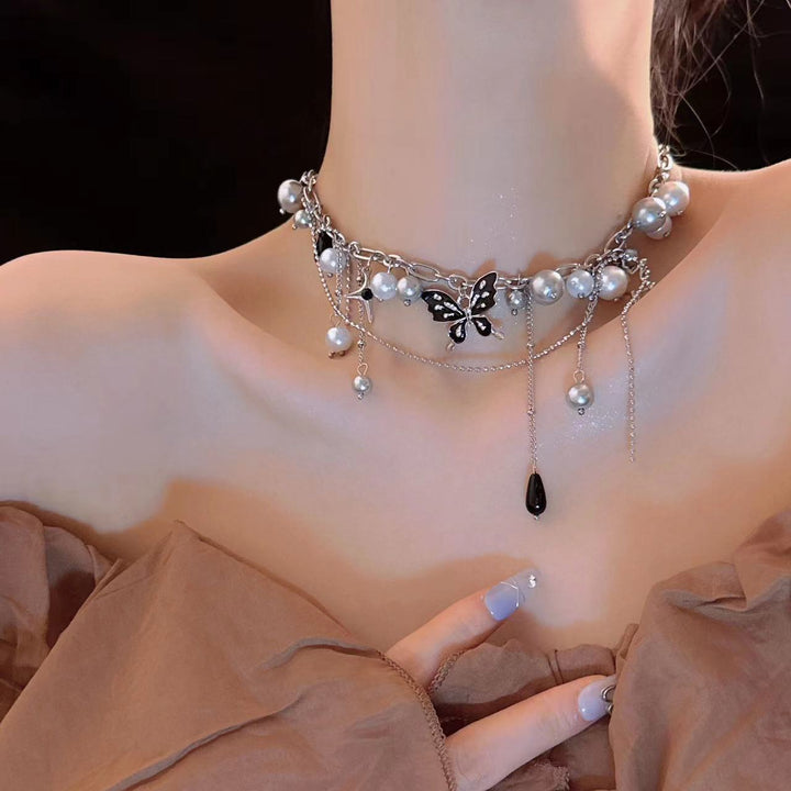 Colier de fluturi cu perle de perle la modă hip hop pentru femei