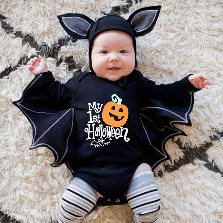 Nya baby halloween långärmad jumpsuit pumpa brev halloween baby jumpsuits triangel rompers