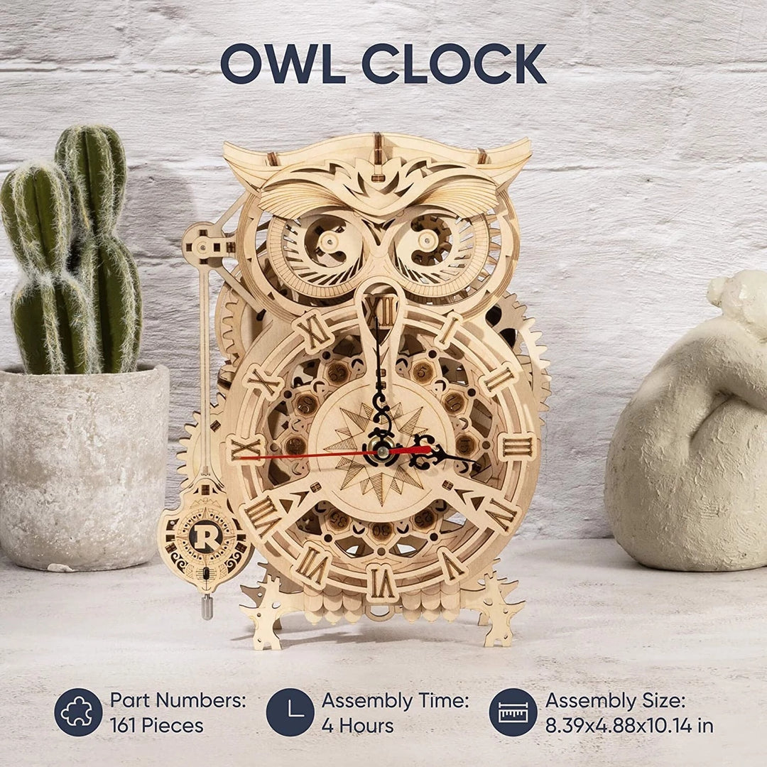 Robotime ROKR Creative DIY Toys 3d Owl Owl Clock Build Block Block For Children Cadouri de Crăciun Decorare pentru casă LK503