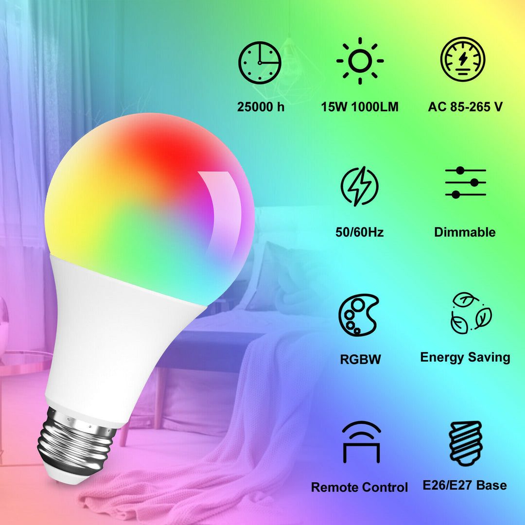 LED-glödlampa 15W RGB Smart Wireless Remote Dimble Lamp Color Changing Smart WiFi LED GULB Multi-färg för Alexa