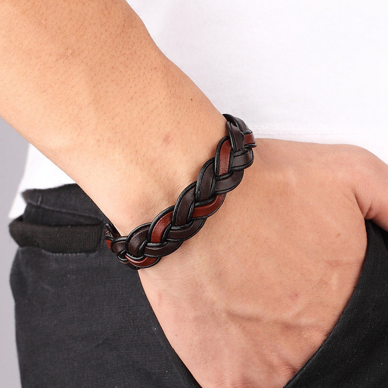 Pulseira de couro de aço inoxidável masculino