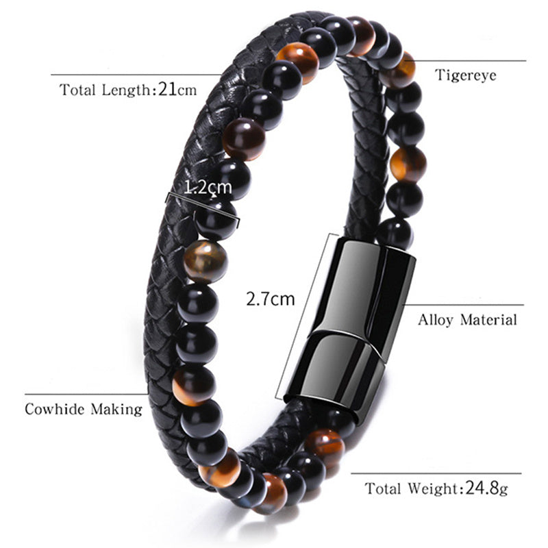 Fashion Woven Three-layer Round Stone Leather Cord Bracelet