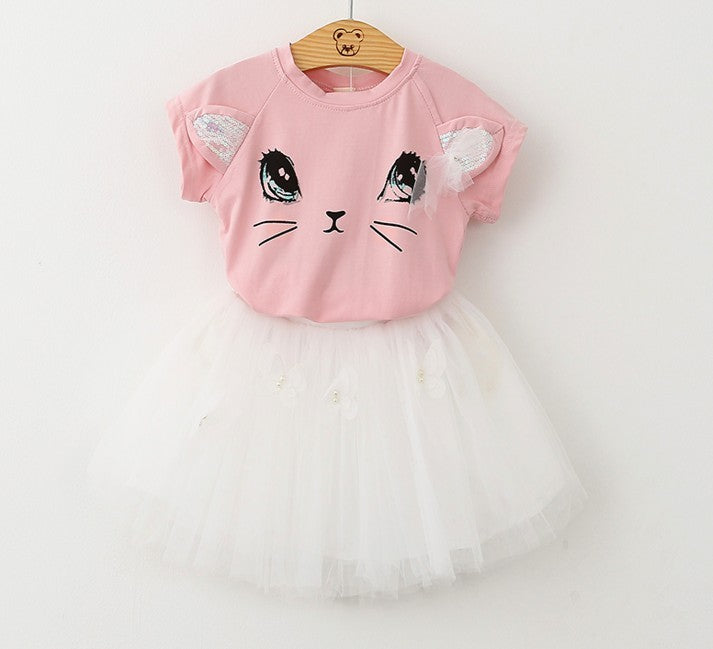 NUEVAS Niñas Kids Cute Child Child Cat Camiseta Camiseta de manga corta Mariposa con cuentas de falda Puffy Skirt Set