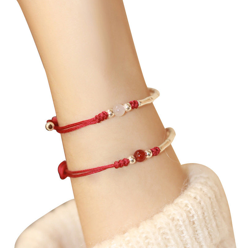 Bracelet à corde rouge tressée en bambou à argent sterling pour femmes