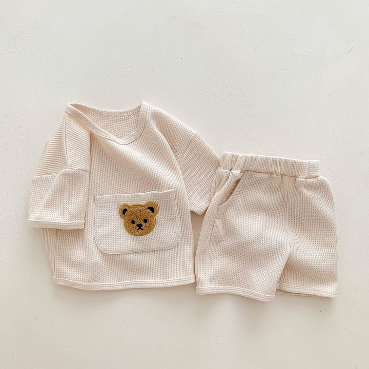 Bebekler için unisex bebek takım elbise giysi yaz iki parçalı waffle
