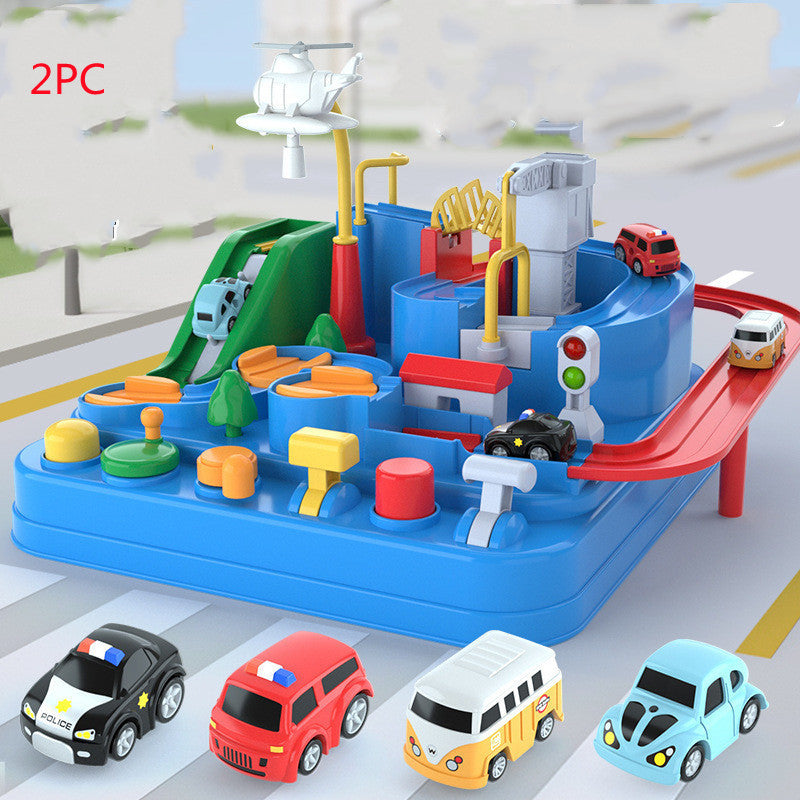 Carros passam por Big Adventure Parking Lot Rail Car Trilha de carro Kids Toy