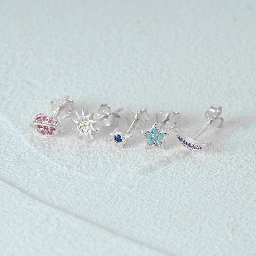 Fashion S925 STERLING STAR Star Moon Color Diamond Pendientes Conjunto de 5 piezas