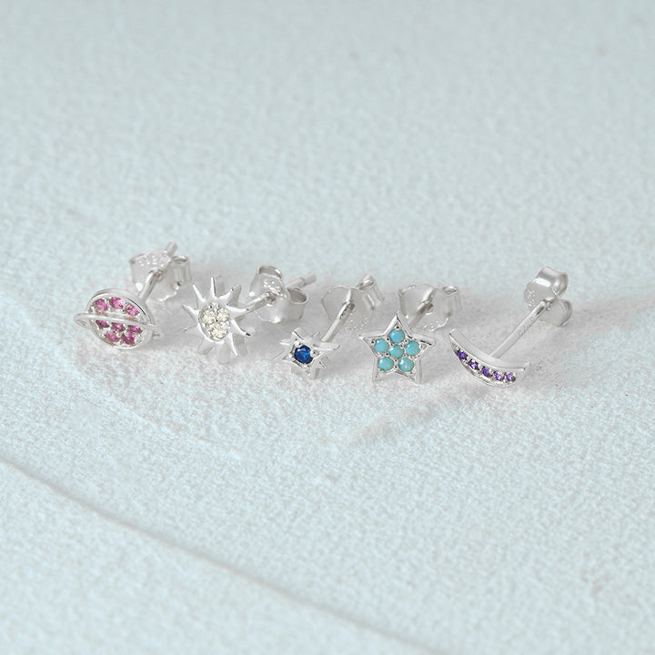 Fashion S925 STERLING STAR Star Moon Color Diamond Pendientes Conjunto de 5 piezas