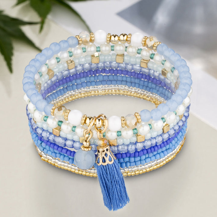 Ethnic Peacock Blue Tassel Pendant Japonica Rice Beads Bracelet