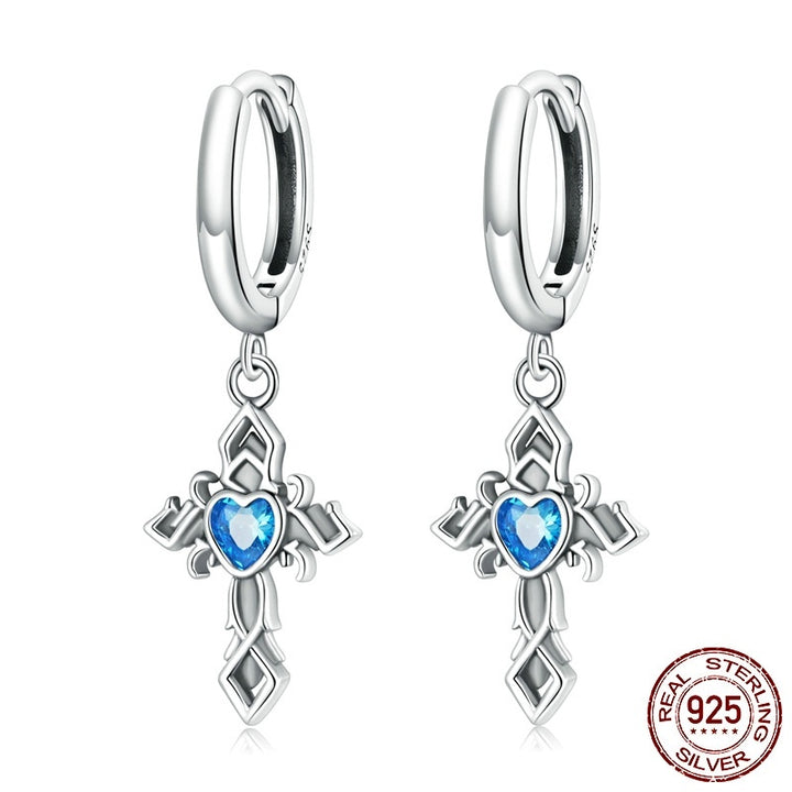 Sterling Silver S925 Vintage Cross Ear Clip Blue în formă de inimă zircon