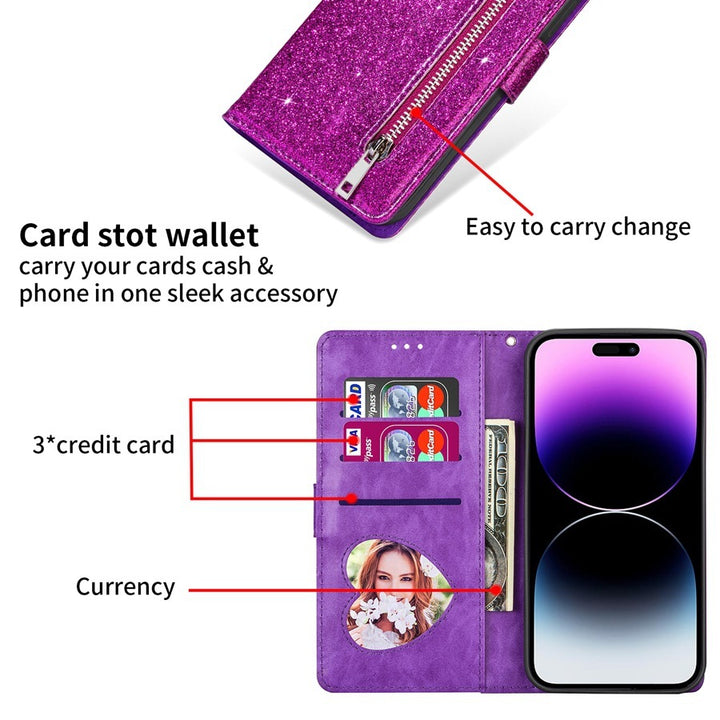 Zipper Mobile Phone Leather Case Flip Card