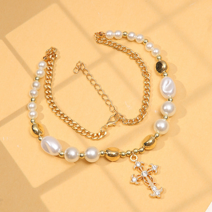 Vintage Cross Necklace Women's All-Match Short Pearl Necklace