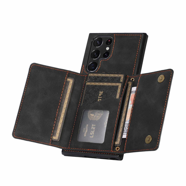 Caja de teléfono de cuero con tarjeta de billetera triple de tres veces