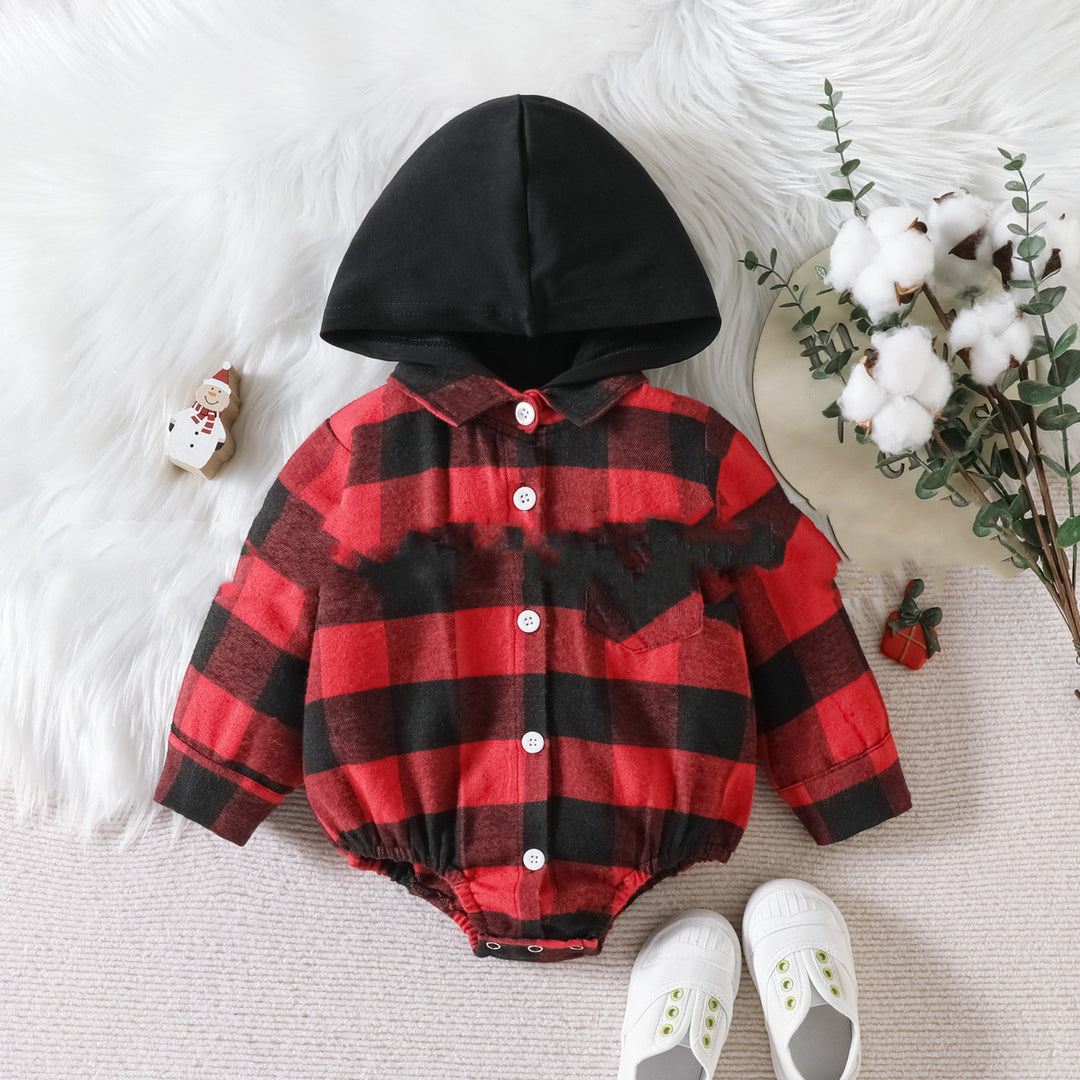 Baby Clothing Christmas Baby Plaid Button Hooded Jumpsuit