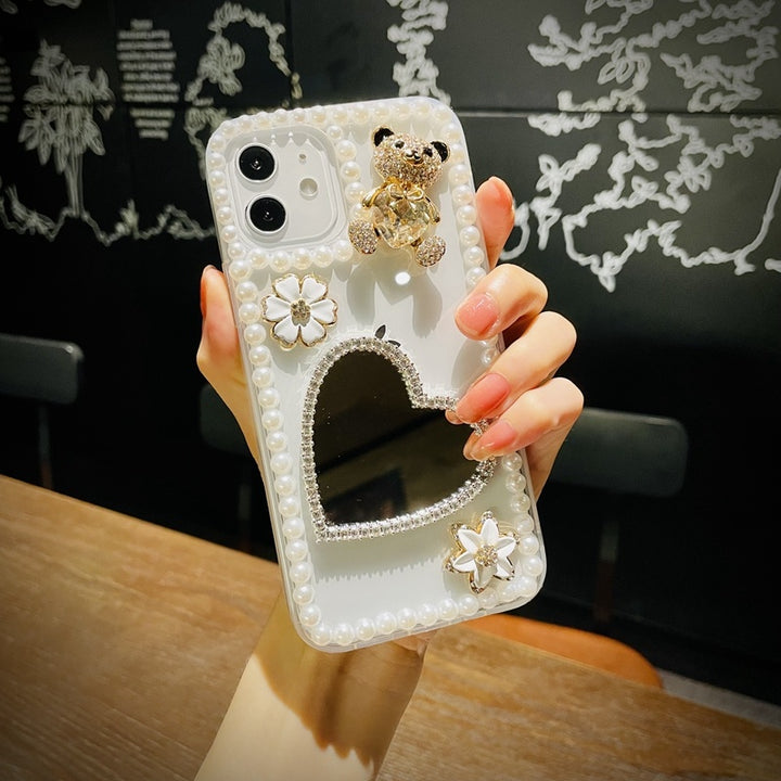 Love Heart Mirror Bling Glitter Pearl Phone Case