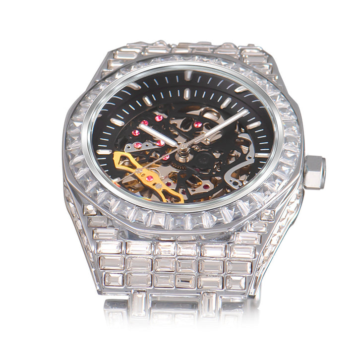 Hip Hop Full Square Diamond Luminous Hold Mechanical Watch