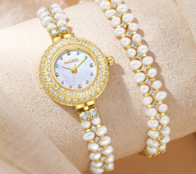 Zoetwater parelhorloge betaalbare luxe mode -sieraden volle diamant dames