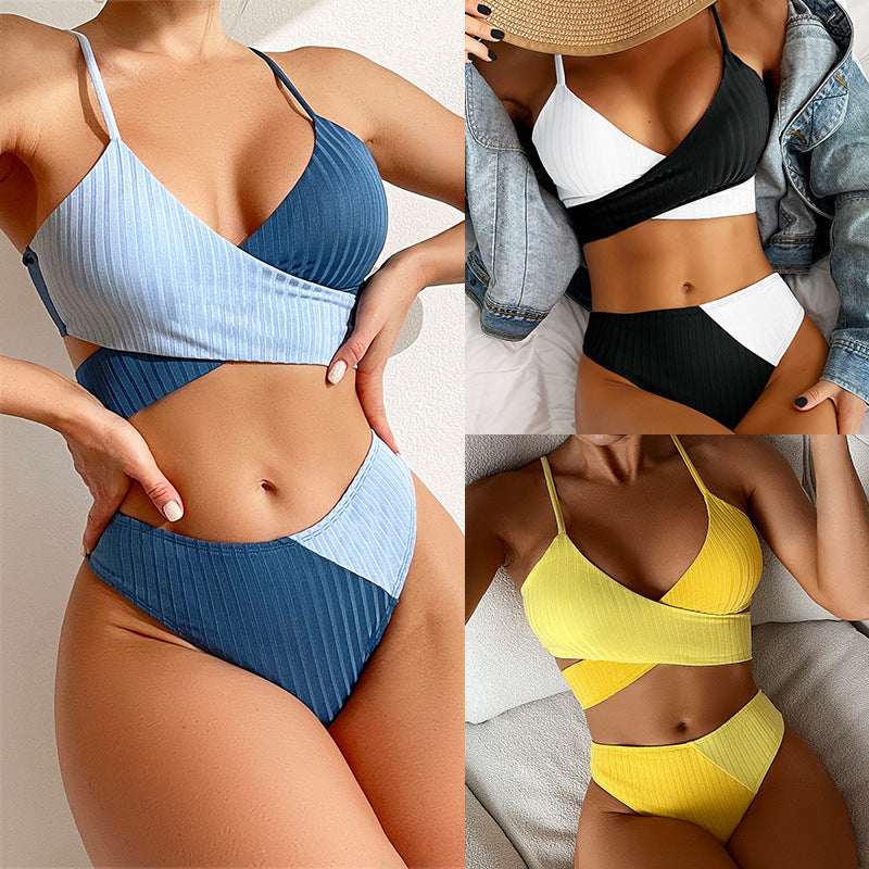 Bikini Patchwork Badebekleidung gerippte Frauen Badeanzug Knoten Rücken Strandbekleidung gerissen Biquinis Badeanzüge