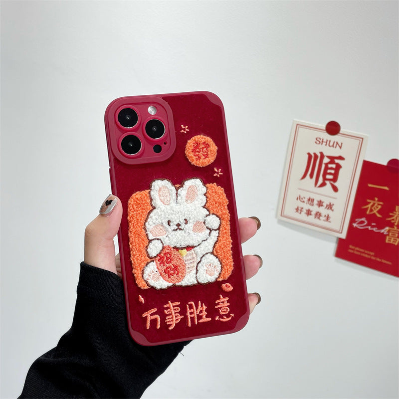 New Year Red Embroidery Charm Rabbit Phone Case
