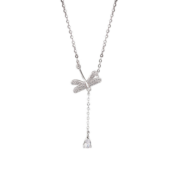 Dragonfly Water Drop Tassel Necklace For Women Sterling Silver Simple