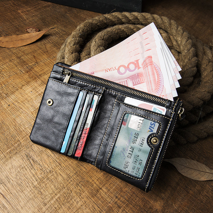 Men's Short Genuine Leather Vertical Casual Zipper Wallet