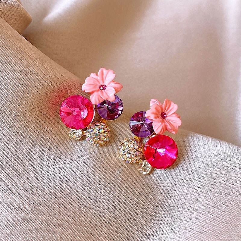 Moda de brinco de cor de flores de diamante de contraste vintage contraste