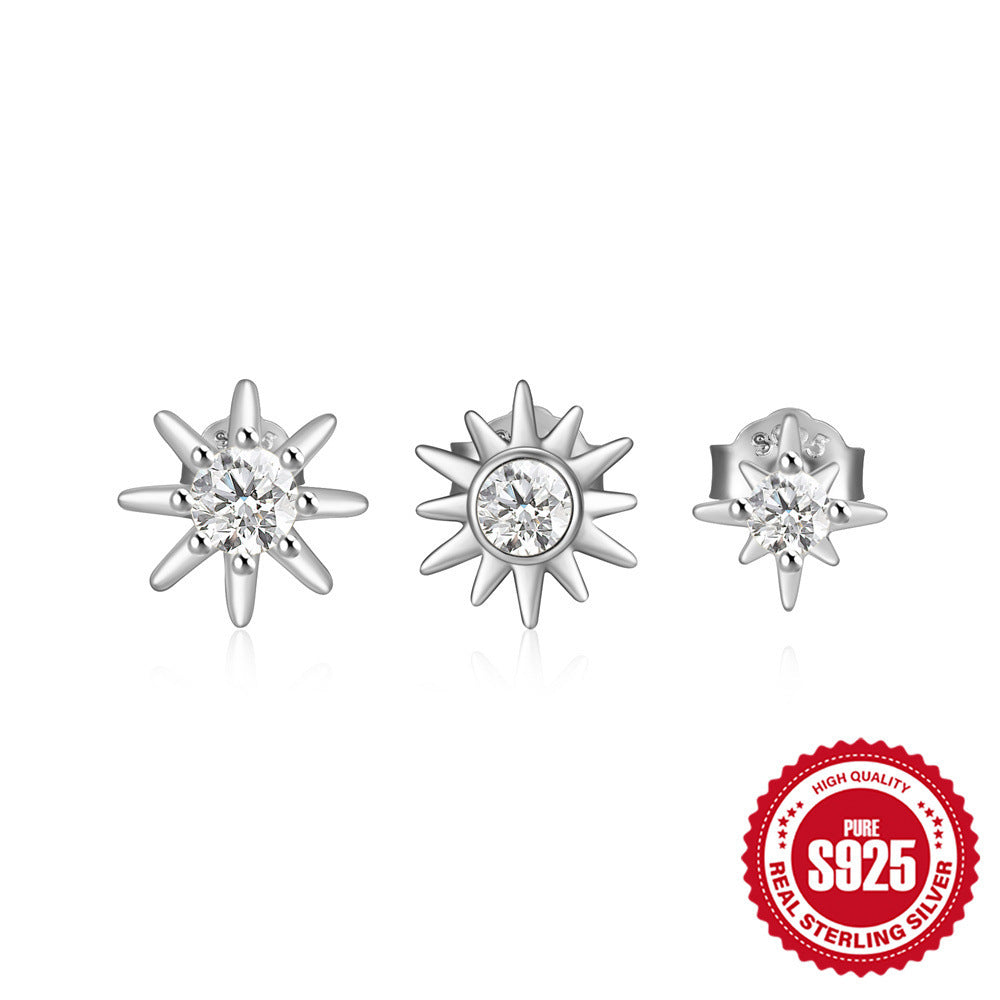 S925 Sterling Silver Fashion Simple Mini Geometric Glossy Round Eight-pointed Stars Single Row Zircon Set Earrings