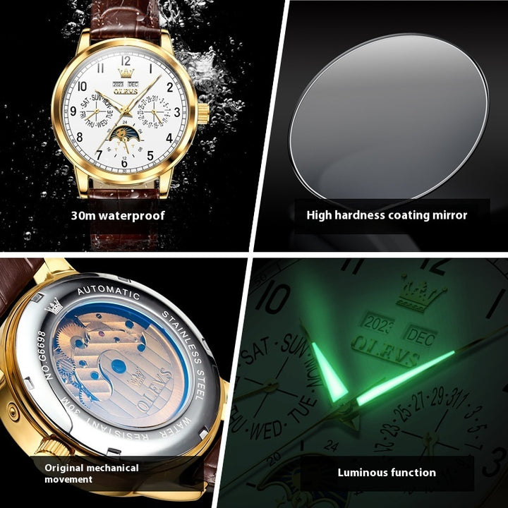 Multifunctionele mechanische lichtgevende herenhorloge