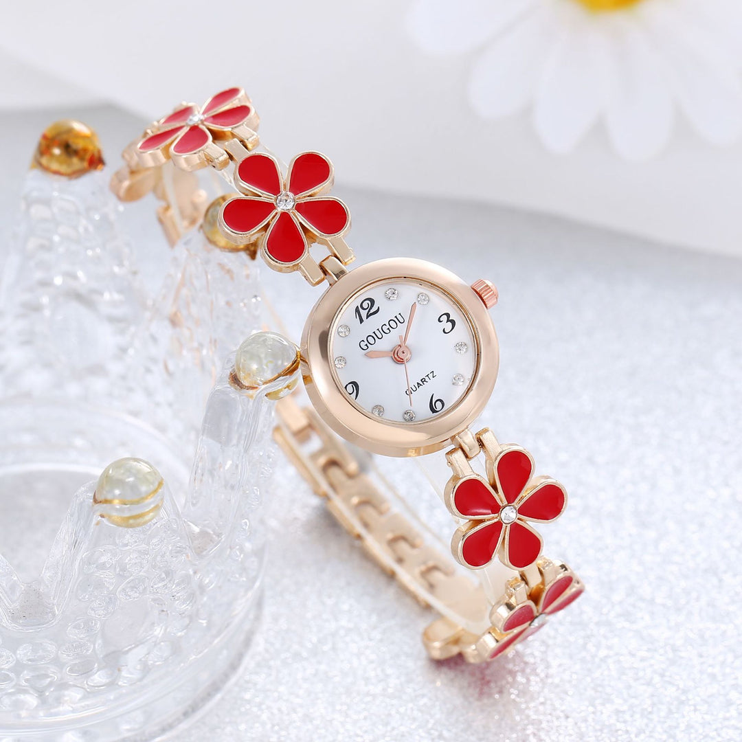 Set de brazalete de reloj de cuarzo estampado de pétalo de damas