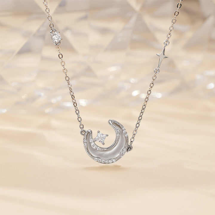 Star And Moon Necklace Women's Special-interest Design Diamond White Shell