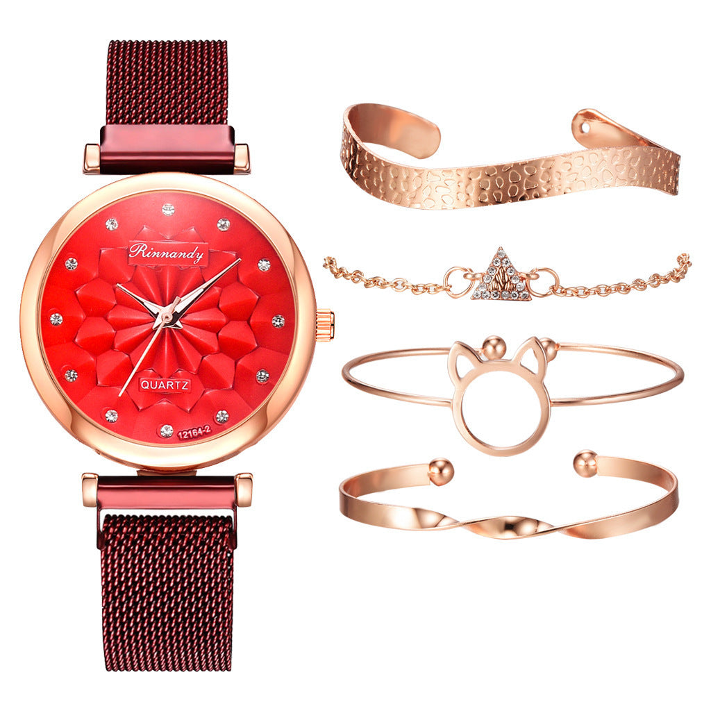 Bloemmagetische gesp gemel Milaan Mesh Strap Horloge armbandpak