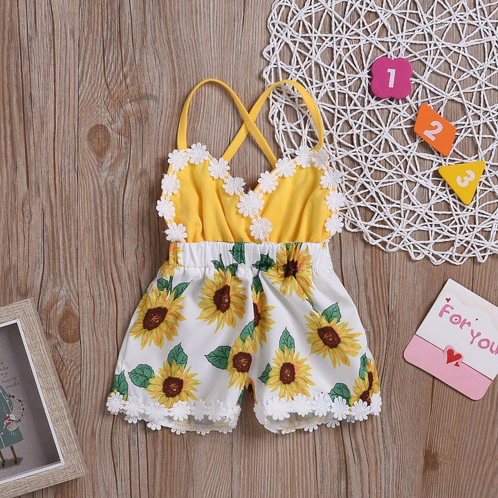 Kinderkleidung Mädchen Baby Overalls Kinder Sonnenblumen Schlingende Spitze Jumpsuit