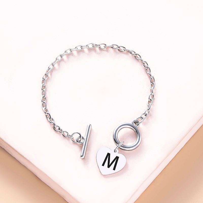 Silver Color Link Chain OT Buckle Clasp Bracelet 26 Initial Letter Heart Charms Bracelets For Women Girls