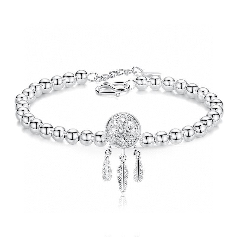 Pure Silver Glossy Lucky Beads Dreamcatcher Bracelet