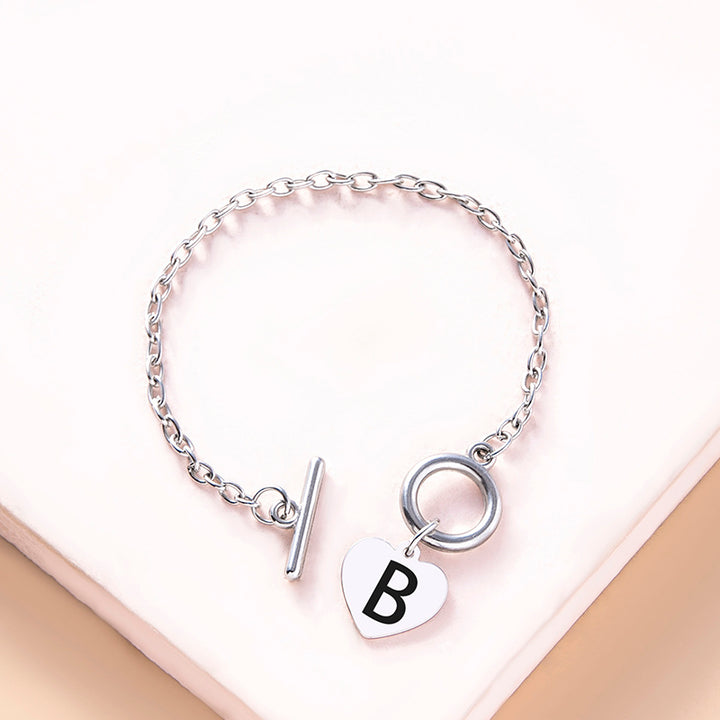 Silver Color Link Chain OT Buckle Clasp Bracelet 26 Initial Letter Heart Charms Bracelets For Women Girls