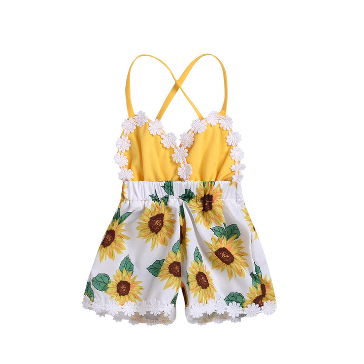 Kinderkledingmeisjes baby jumpsuits kinderen zonnebloem sling kanten jumpsuit