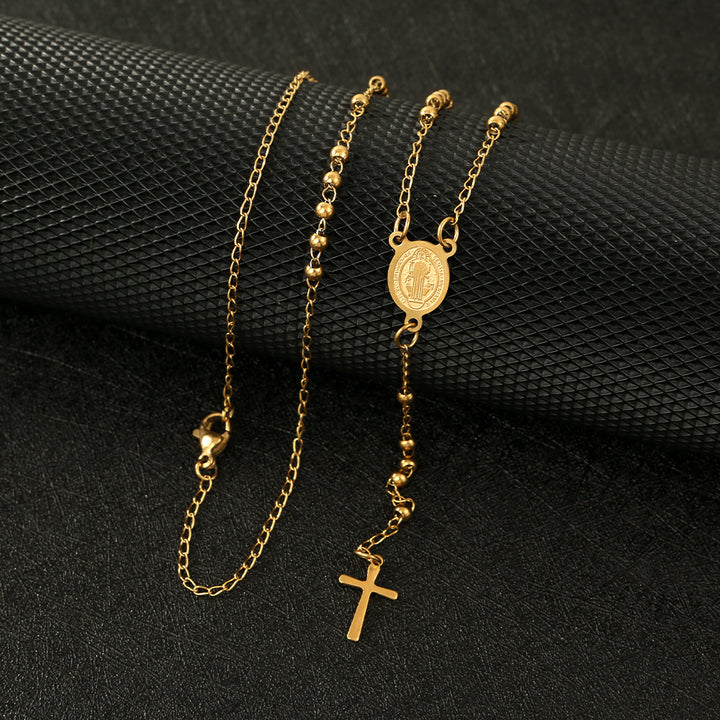 3mm Stainless Steel Round Beads Three-color Cross Lady Necklace