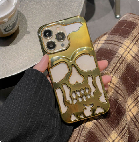 Luksusplatting 3D Skull Telefonveske Breathable Glassy Hollow Out Gold Metallic Paint