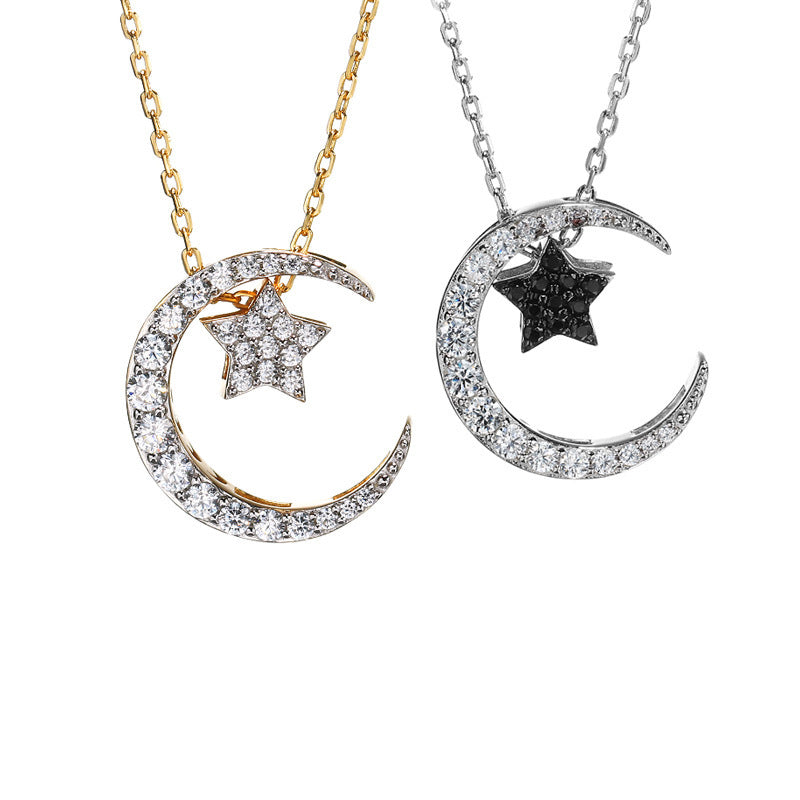 Women's Sterling Silver Two-color Pentagram Moon Full Diamond Necklace
