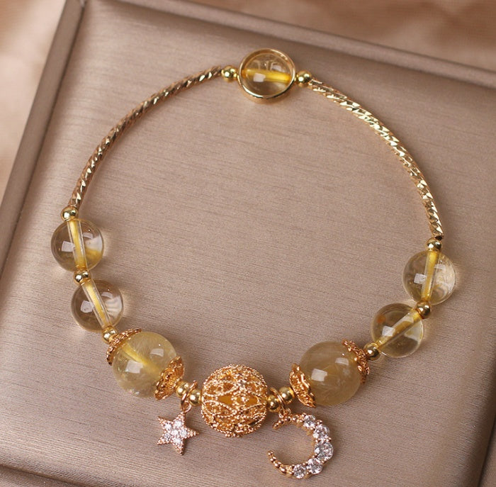 Luonnollinen sitriini kultaisen helmikvartsirannekoru naisten kevyt ylellinen tähti kuun kidearvikkeet