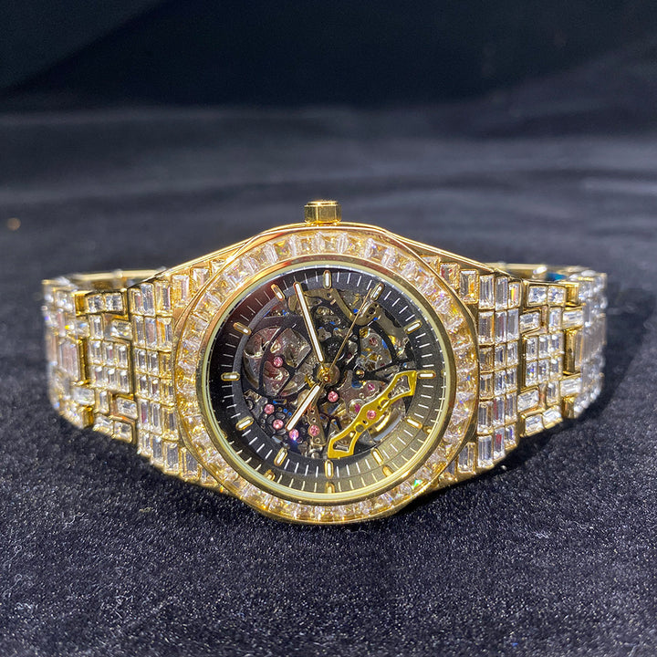 Hip Hop Full Square Diamond Luminous Hold Mechanical Watch