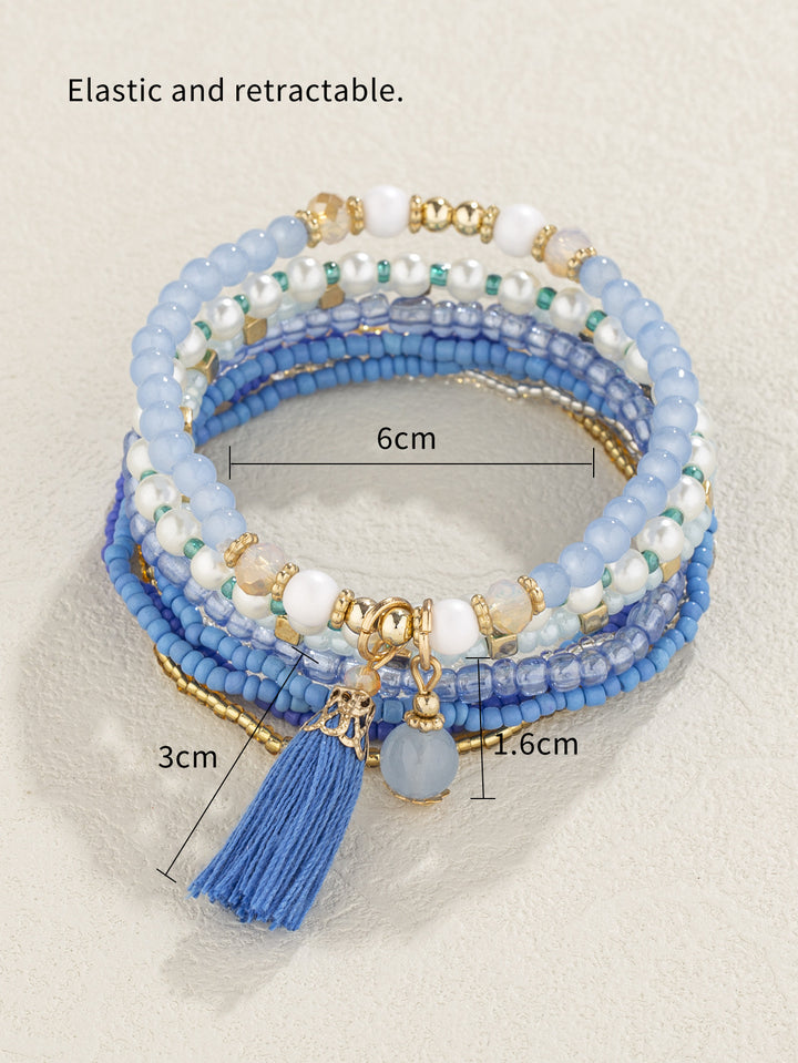 Ethnic Peacock Blue Tassel Pendant Japonica Rice Beads Bracelet