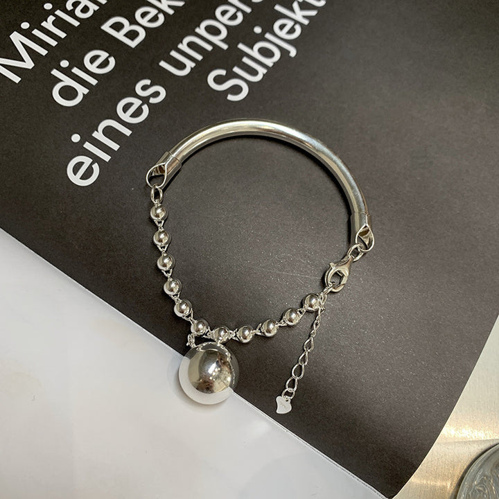 925 Sterling Silver Glossy Round Beads Bracelet Female Opening Bracelet Simple Temperament