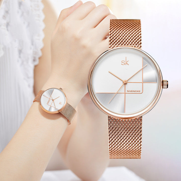 Fashion féminine Simple Geometric Quartz Watch Sangle Mesh Watch