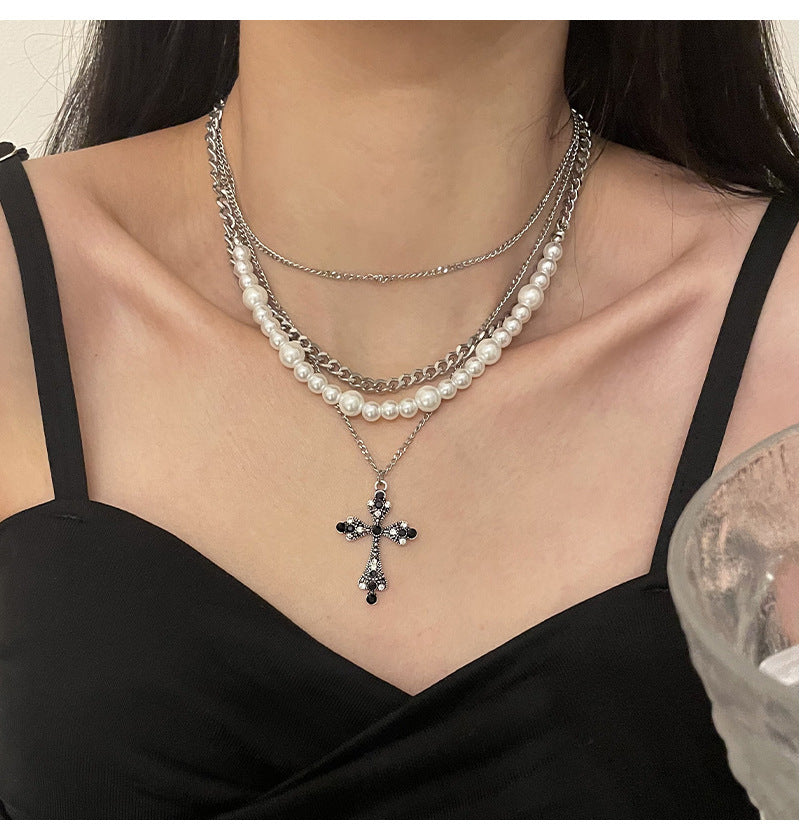 Mode gepersonaliseerde meerlagige parelkruis hanger ketting sleutelbeen ketting voor vrouwen temperament sieraden accessoires geschenken