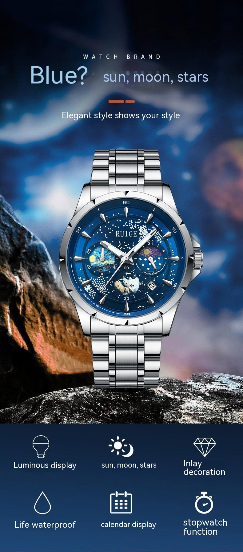 Star Sea Quartz Multifunctionele lichtgevende waterdichte herenhorloge