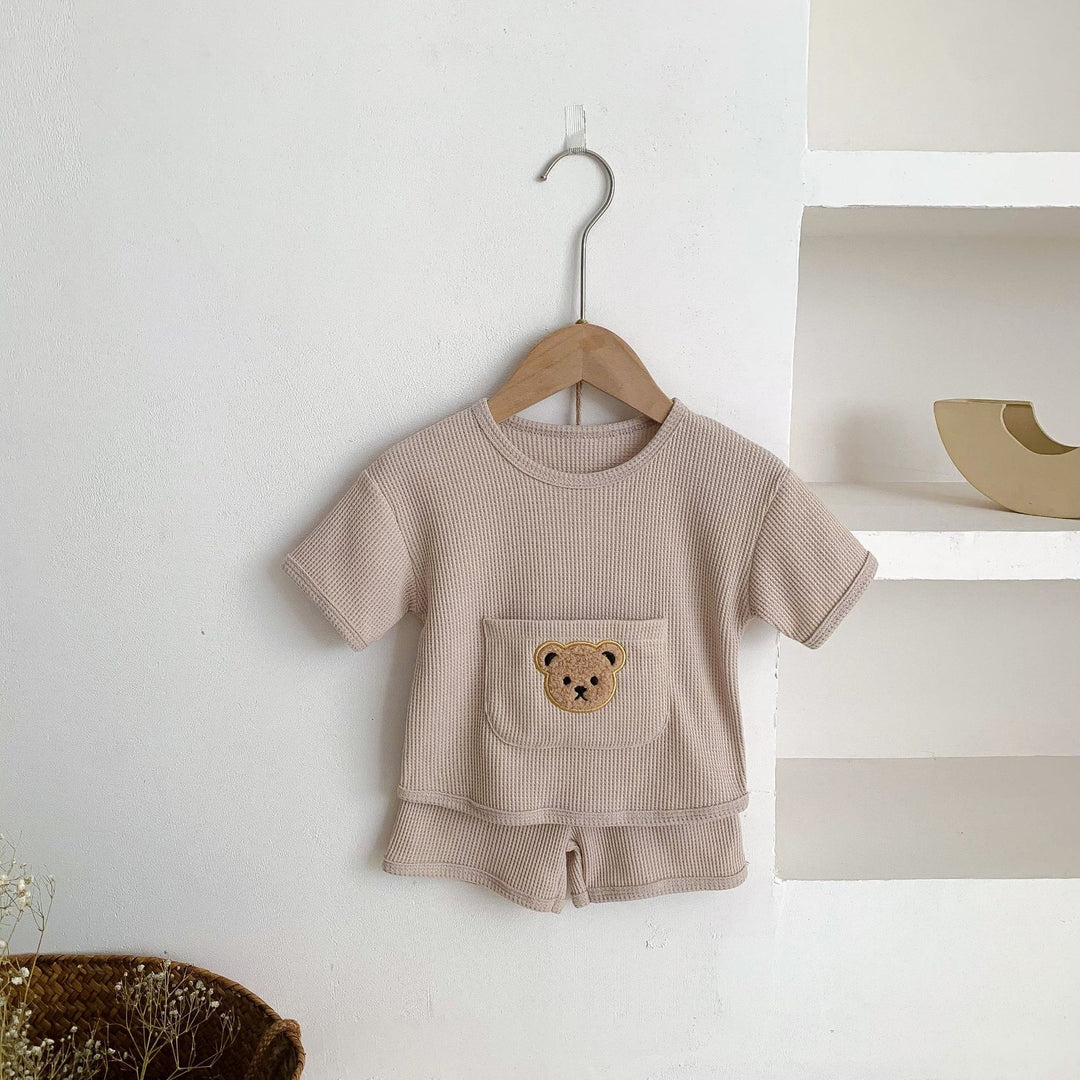 Bebekler için unisex bebek takım elbise giysi yaz iki parçalı ayı üst şort