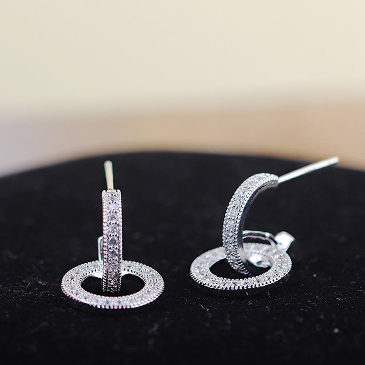 Women's Temperament Wild Silver Needle Inlaid Zircon Circle Earrings