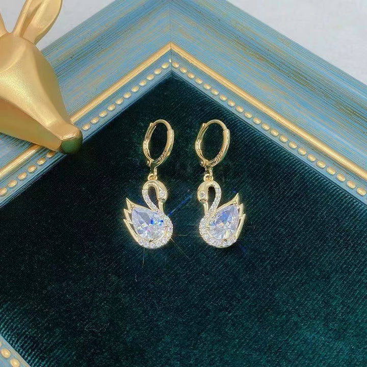 European Style Luxury Temperament Copper Zirconium Swan Pendant Earrings