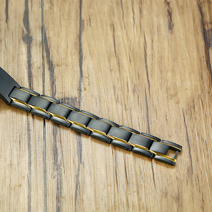 Aangepaste gravure zware kettingarmband 12mm heren zwarte mat afwerking gebogen balk bedelarmband in roestvrij staal